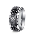 Dettaglio delle rune vichinghe vintage e del nodo celtico nero sull'anello in acciaio - US 7 / Argento