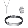 Men's stainless steel jewelry set with bar pendant, ring, and braided leather bracelet - Silver