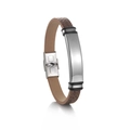 Close-up of brown litchi pattern leather bracelet with polished stainless steel metal plate - Brown