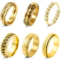 Set di 6 anelli rotanti in titanio dorato con finiture opache e superfici martellate - US 6 / Oro