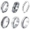 Set di sei anelli rotanti anti-stress in acciaio inossidabile argento su sfondo bianco - US 6 / Argento