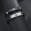 Pärchenarmbänder aus Edelstahl und Leder mit Her King und His Queen Gravur - Muster 4-Her King (Schwarze Platte)