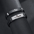 Detail of leather bracelets with Her King and His Queen engraved stainless steel plates - Pattern 5-His Queen (Silver Plate)