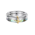 Silver wide stainless steel ring with colorful opal inlay and a gold ring charm detail - US 6 / Shell