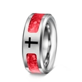 Silver steel ring with red honeycomb inlay and black cross symbol on a white background - US 7 / Red Cross Style