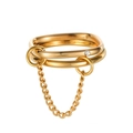 Goldener Doppel-Ring mit Kette und kleinem Zirkon auf poliertem S925 Edelstahl-Metall - US 6 / Gold