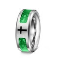 Silver wide band ring with black cross and green faux opal inlay accents - US 7 / Green Cross Style