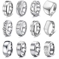 Set of 12 silver titanium steel rings for men featuring chain and greek key textures - US 7 / Silver