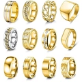 Macro shot of 12-piece men's titanium steel rings set in gold and silver finish - US 7 / Gold