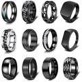 12pcs men's titanium steel ring set with chain spinner and matte black signet designs - US 7 / Black
