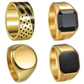4-teiliges Herren Ring-Set aus vergoldetem Edelstahl mit schwarzen Steinen und Sternmuster - US 7 / Gold
