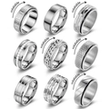 9-piece set of silver rotatable stainless steel rings for men featuring punk aesthetic - US 7 / Silver