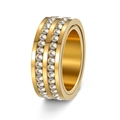 Golden rotating stainless steel ring featuring double-row crystal diamonds in wide band - US 6 / Gold