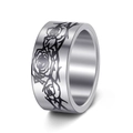 Close-up of 10MM stainless steel ring with black laser-engraved rose and thorn patterns - US 7 / Silver
