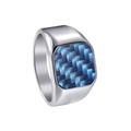 Titanium steel signet ring for men featuring inlaid blue carbon fiber on silver band - 1365 Silver