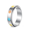 Detail showing the rotating inner band of a silver stainless steel colorful smiley ring - US Size 5 / Silver With Colorful Smiles