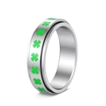 Detail of spinning stainless steel ring featuring green lucky four-leaf clover patterns - Size 5 / Four-Leaf Clover Pattern (6118493721056) / Silver