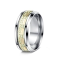 Close-up of luminous crown pattern embossed on a vintage stainless steel band ring - US 6 / Silver + Luminous Gold