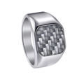 Men's titanium steel signet ring with carbon fiber inlay and polished silver finish - 1366 Silver