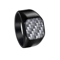 Matte black titanium steel signet ring for men with grey carbon fiber inlay textured top - 1366 Black