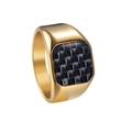 Gold stainless steel signet ring with blue carbon fiber inlay on white background - 1367 Gold