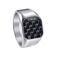 Titanium steel signet ring with black carbon fiber inlay and blue accent lines - 1367 Silver