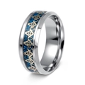 Silver stainless steel Freemason ring featuring blue galaxy glitter inlay and golden G symbols - US 7 / Blue with Gold Gear