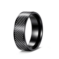 Close-up of 8mm black titanium steel ring with polished finish and white polka dot pattern - US 6 / Black