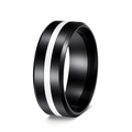 Macro detail of 8mm black brushed stainless steel ring with a central silver racing stripe - US 7 / White Enamel