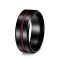 Macro detail of 8mm black brushed stainless steel ring with deep red grooved inlay design - US 7 / Black & Red