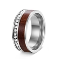Macro detail of luxury silver ring with inlaid wood grain and micro-pave crystals - US 7 / Silver