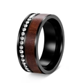 Macro detail of black metal ring featuring acacia wood inlay and crystal zircon accents - US 7 / Black