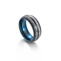 Macro detail of 8mm tungsten carbide ring featuring silver meteorite inlay and blue interior - US 8 / Black and Blue