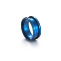 Detail view of industrial blue stainless steel ring with grooved and textured gear edges - US 6 / Blue
