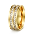 Close-up of three-layer gold ring with double rows of rectangular cubic zirconia - Double Row Gold
