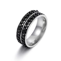 Detailed view of black stainless steel ring featuring an inlaid silver cuban chain design - Double Curb Chain Style (JWR855-BK)