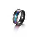 Macro detail of black stainless steel ring featuring a vibrant iridescent gradient inlay - Black Iridescent Inlay Style (JWR193-MU)