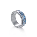 Macro detail of 8mm men's spinner ring featuring blue carbon fiber and dragon pattern - US 7 / Blue Spinner with Silver Dragon