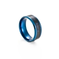 Detail of Her King engraved lettering on blue and black stainless steel couple ring - US 6 / King Blue