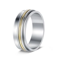 Detail of 8mm rotating titanium steel ring featuring silver band with gold decorative inlay - US 7 / Two Silver One Gold Bands