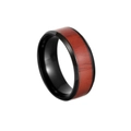 Moderne 8mm zwarte titaniumstalen herenring met rood houten inleg onder een hoek van 45 graden - US 6 / Zwart