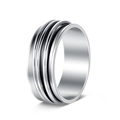 Close-up of a silver titanium steel spinning ring with three parallel groove details - US 7 / Three Silver Bands