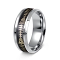 Close-up of 8mm stainless steel ring with golden fishbone pattern inlay on black enamel - US 6 / Gold Fishbone