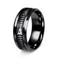 Macro detail of 8mm black stainless steel ring featuring silver fishbone pattern inlay - US 6 / Black Plated Silver Fishbone