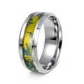 Polished silver titanium ring featuring a vibrant yellow inlay with dark teal wave patterns - US 6 / Yellow