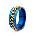 Men's blue and gold stainless steel spinner ring with a rotating Cuban chain inlay - US 7 / Blue with Gold Chain