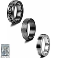 Three men's black stainless steel rings set with chain and frosted finish on white background - US 6 / Black (Chain/Matte/Polished Combo)