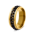 Men's gold stainless steel spinner ring with black chain inlay and gear edges - US 7 / Gold with Black Chain