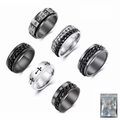 Set de 6 anillos giratorios de acero inoxidable para hombre con cadena y números - Talla US 7 / Juego Giratorio de 6
