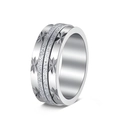 Macro detail of silver spinner ring featuring floral relief and frosted sand texture finish - US 7 / Silver